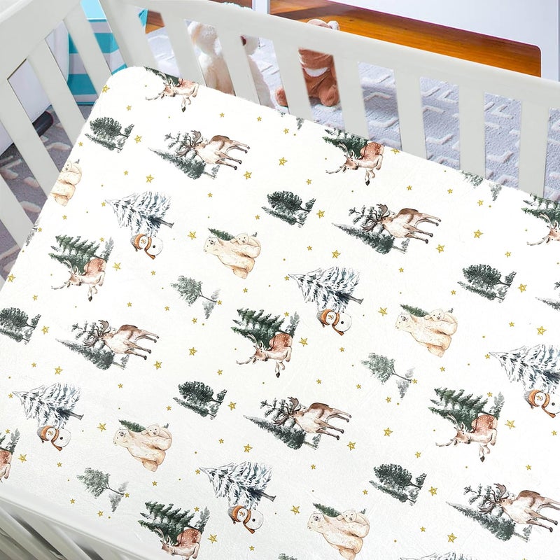 AMROSE 2 Pack Microfleece Crib Sheets, 28'' X 52'' Flannel Fleece Crib Fitted Sheets for Crib and Toddler Mattress Pad, Soft Comfy Warm Crib Sheets for Boys Girls, Winter Woodland - Image 3